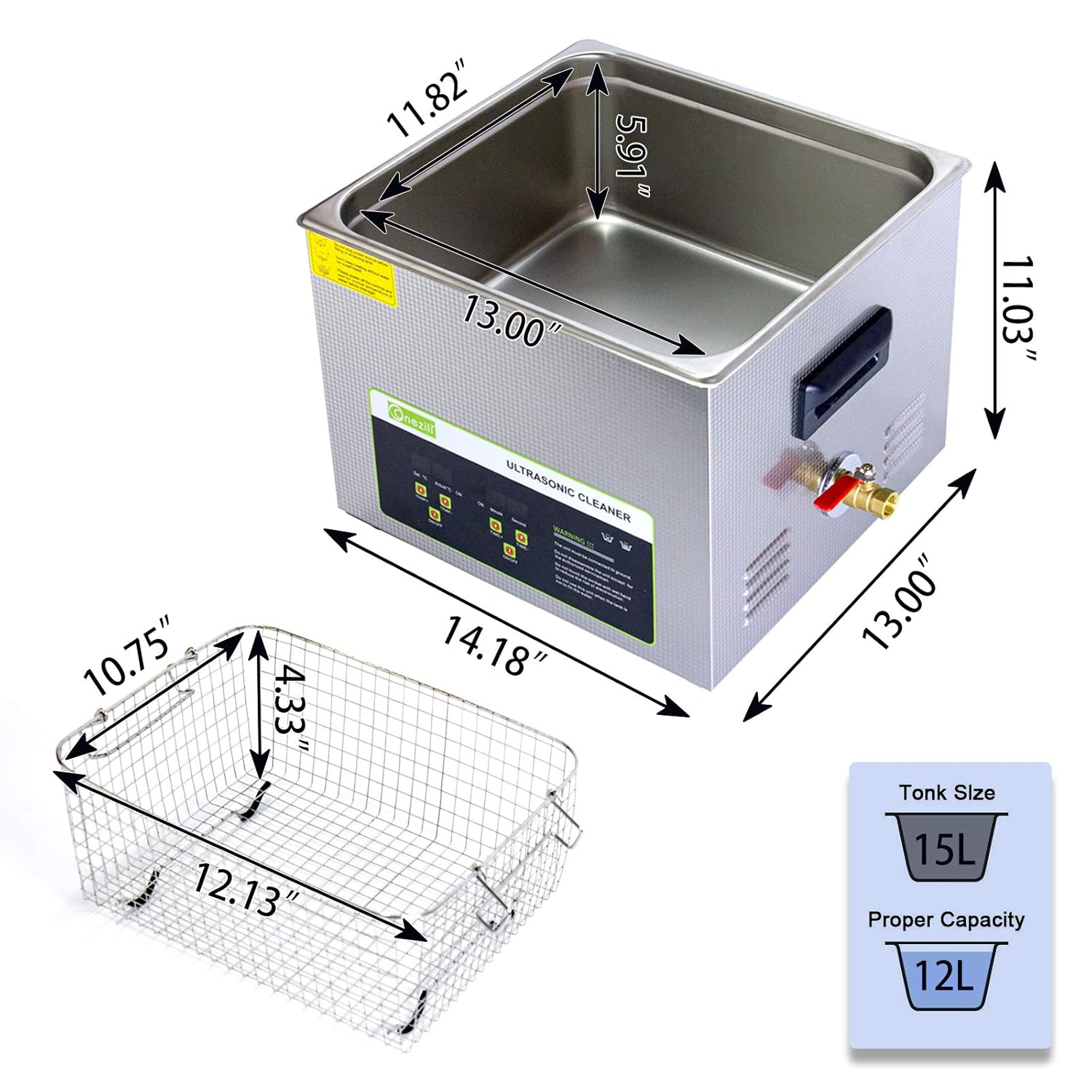 Dimensions of the ONEZILI 15L Ultrasonic Cleaner and its cleaning basket