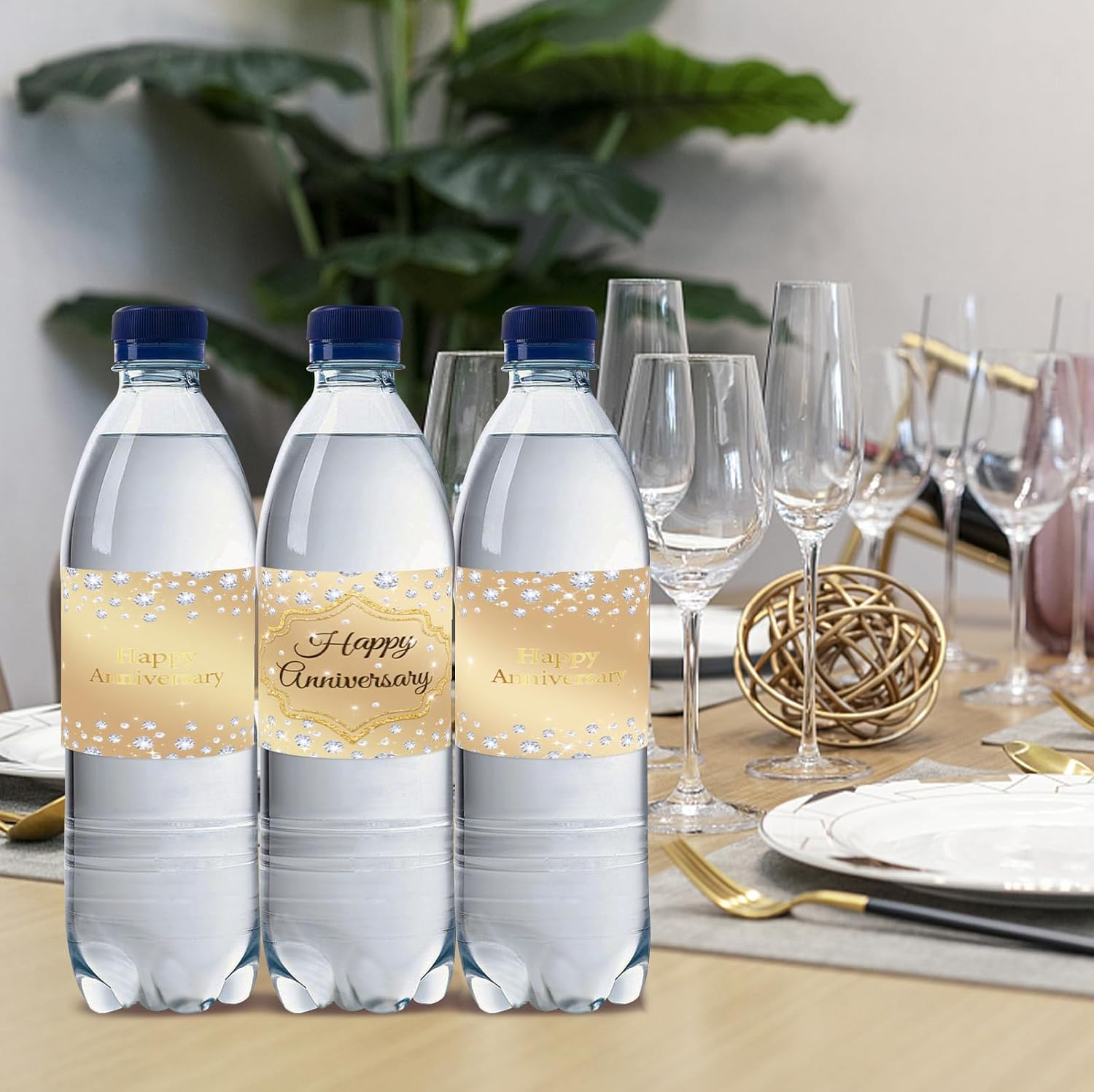 32pcs Gold Happy Anniversary Water Bottle Labels, Diamond Gold Glitter Wedding Engagement Party Stickers, Happy Birthday/Anniversary Water Bottle Lables for Men Women