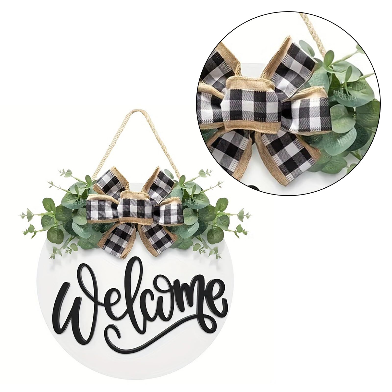 MSUIINT - Targa di benvenuto per porta d'ingresso, rotonda, in legno, da appendere, decorazione per interni ed esterni (fiori bianchi