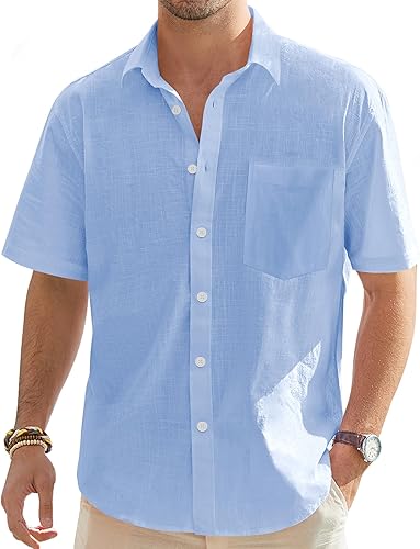 Miniatura 131 de J.VER Camisas de manga corta de lino y algodón para hombre, estilo informal, ligeras, con botones, para vacaciones, playa y verano, con bolsillo