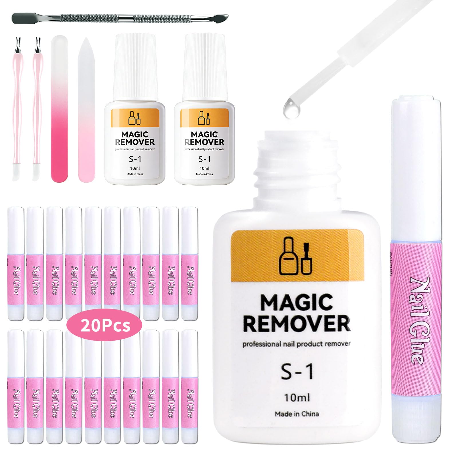 TADOPRO 28Pcs Nail Glue & Remover Set with 20Pcs Strong Nail Glue