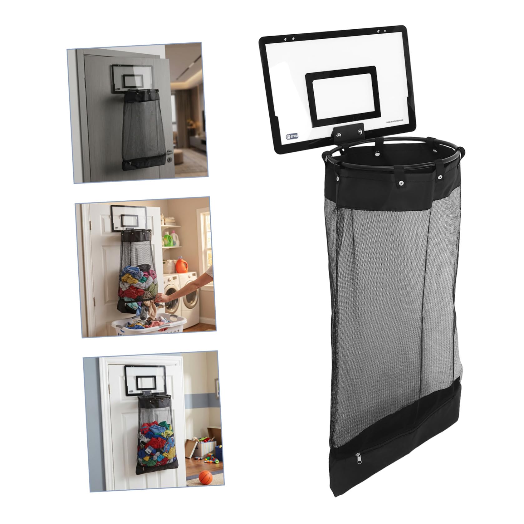 Basketballwurf Wäschekorb mit Türhaken, Schwarzes Kunststoffnetz,