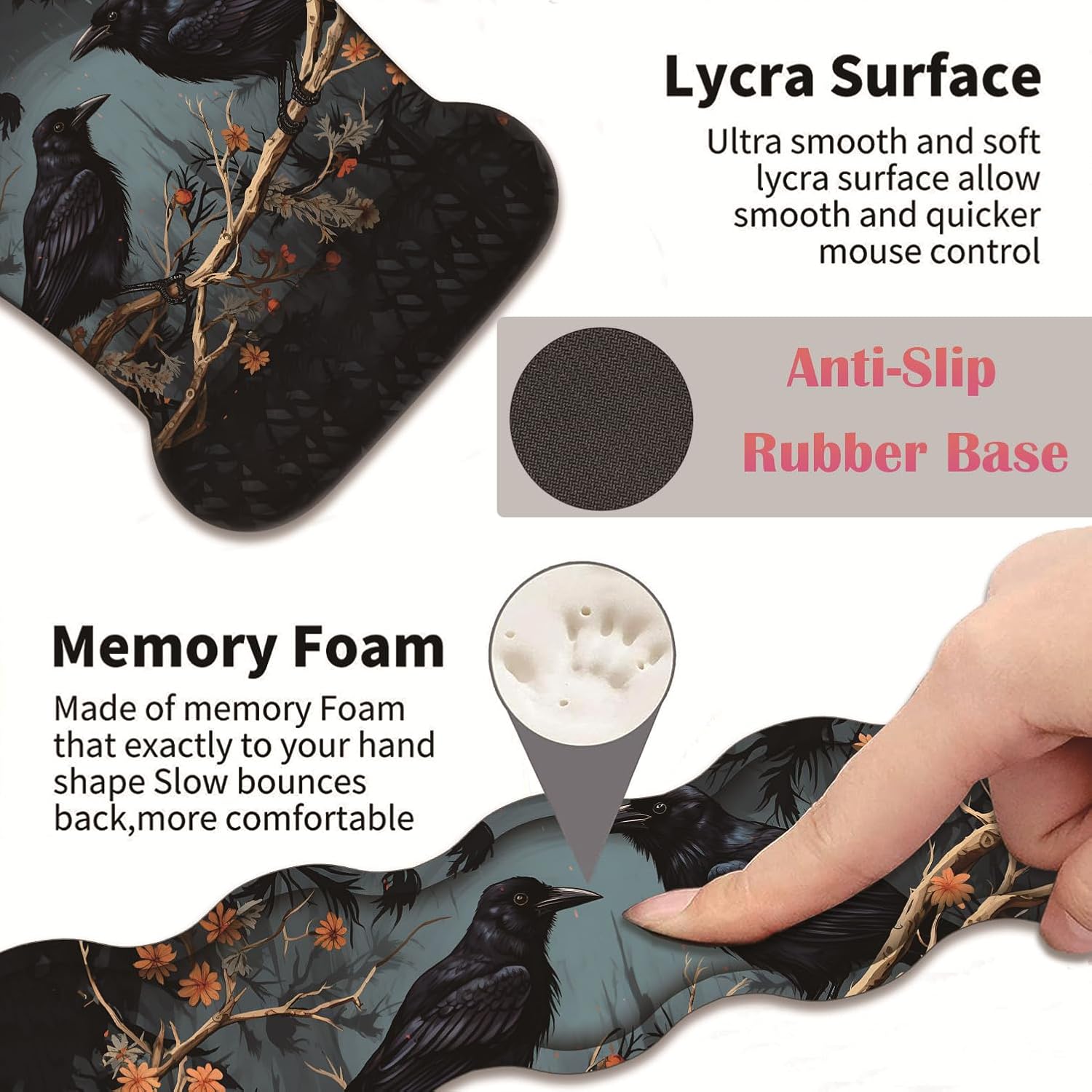 3 in 1 Keyboard Wrist Rest + Mouse Pad and Coaster, Ergonomic Gel Mouse Pad and Keyboard Pad Set, Comfortable Lightweight for Easy Typing Pain Relie, Branch Crow