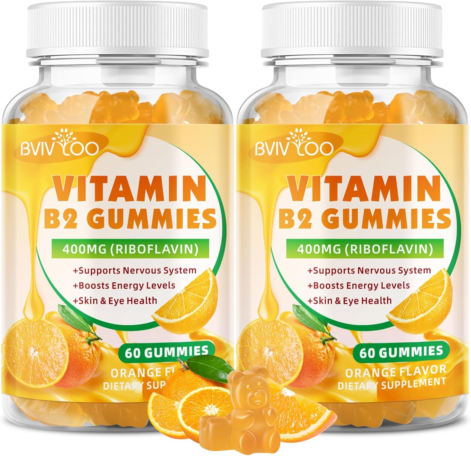 2 Pack Vitamin B2 Gummies - Riboflavin 400mg for Kids & Adults, Migraine Relief & Headache Relief, Vegan, Sugar-Free, Orange Flavor, 120 Gummies