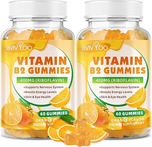 Paquete de 2 gomitas de vitamina B2, riboflavina de 400 mg para niños y adultos, alivio de la migraña y alivio del dolor de cabeza, veganas, sin