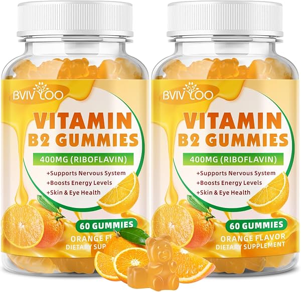 2 Paquetes de Gomitas de Vitamina B2 - Riboflavina 400mg para Niños y Adultos, Alivio de Migrañas y Dolores de Cabeza, Vegano, Sin Azúcar, Sabor Naranja, 120 Gomitas