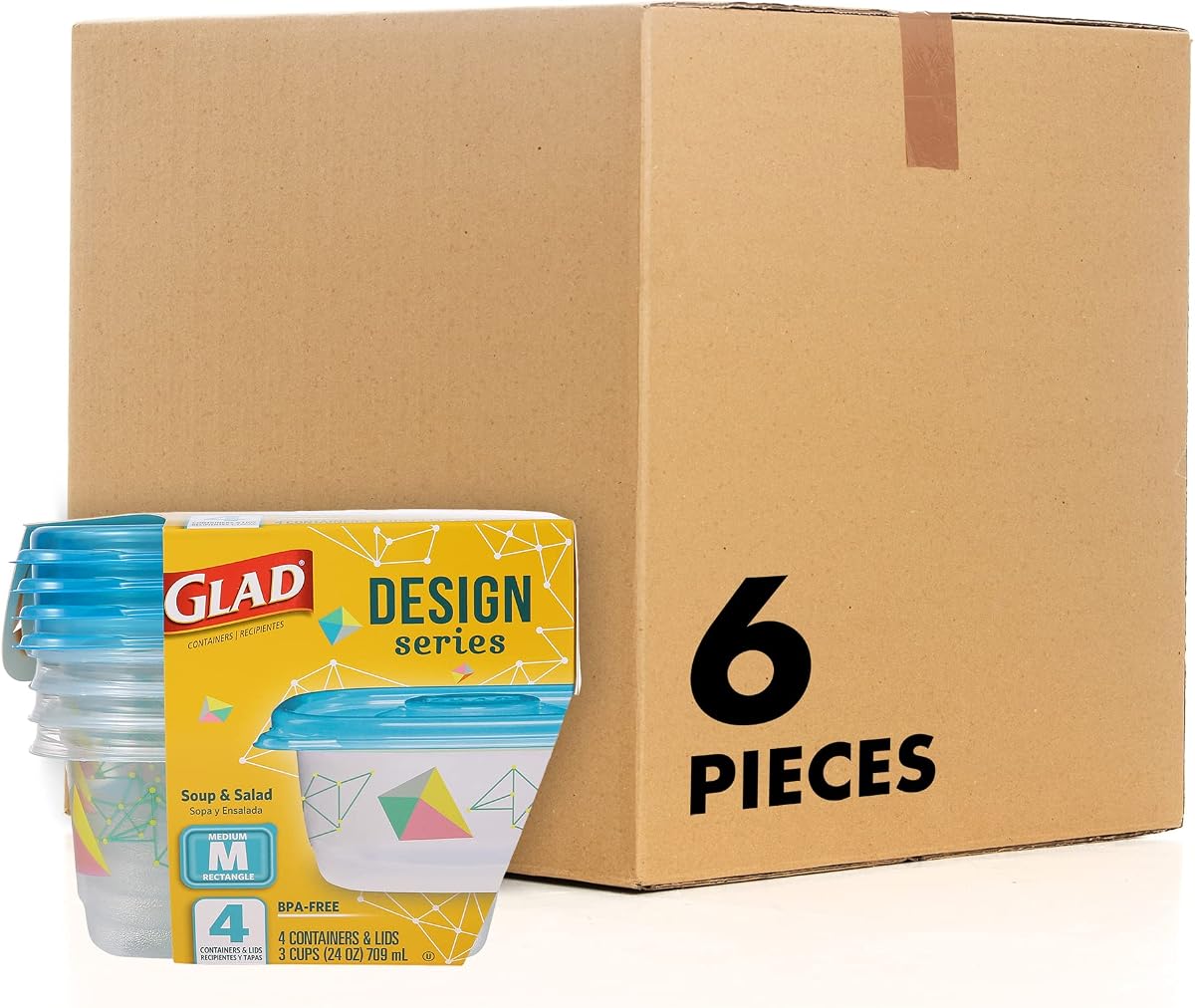 Glad GladWare Design Series Medium Rectangle Containers, 24 Oz, 4 Ct, 6-Pk | Stain- and odor-resistant, ideal for leftovers and work lunches, freezer safe