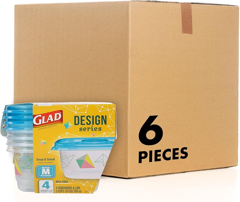 Glad GladWare Design Series Medium Rectangle Containers, 24 Oz, 4 Ct, 6-Pk | Stain- and odor-resistant, ideal for leftovers and work lunches, freezer safe