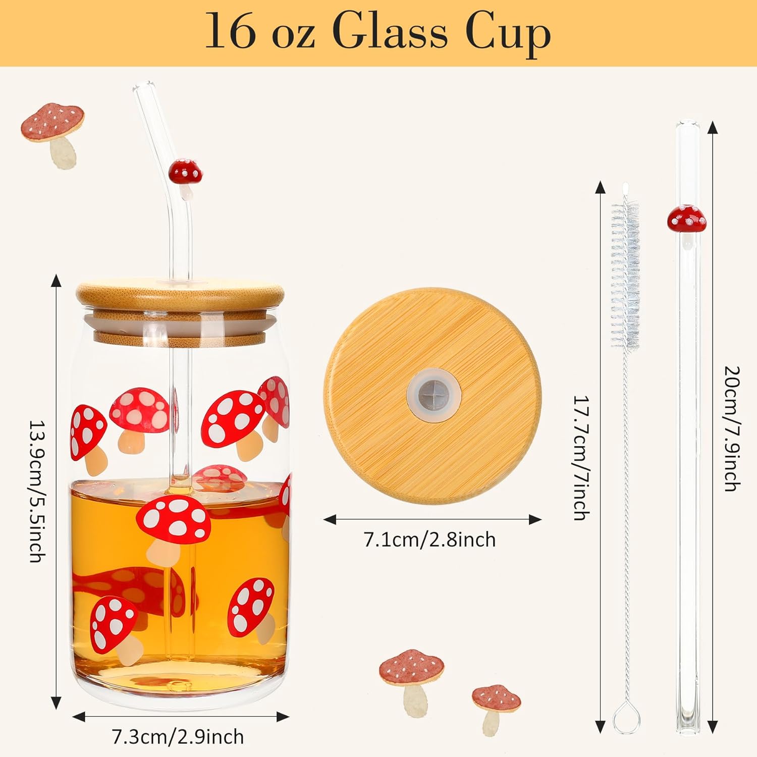 Mushroom Cup 16oz Mushroom Glass Cup with Bamboo Lid and Straw, Mushroom Things Mushroom Stuff, Mushroom Drinking Cup Coffee Tea Soda Mug Tumbler, Mushroom Gifts for Women Mushroom Lovers - Image 2