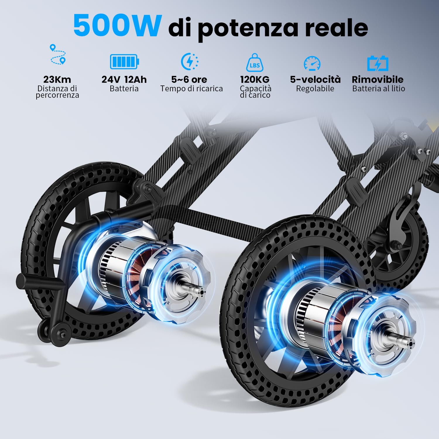 E10 Sedia a Rotelle Elettrica Leggera Per Adulti/Anziani, Autonomia 46 km, 24Ah, Motore 500W, Pieghevole e Compatta