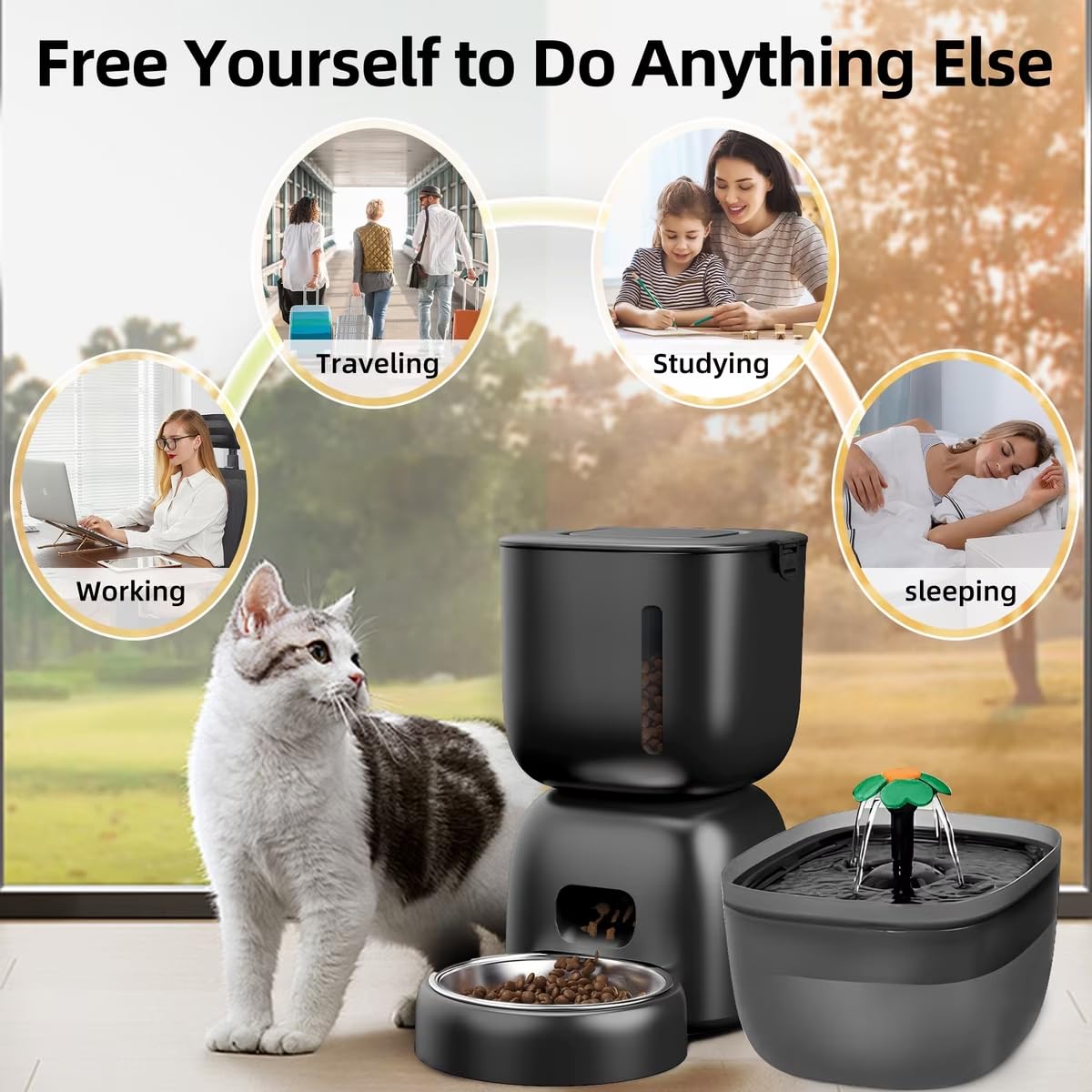 Casfuy Juego de comedero automático y fuente de agua 2 en 1 para gatos, negro, 3 L y 2 L