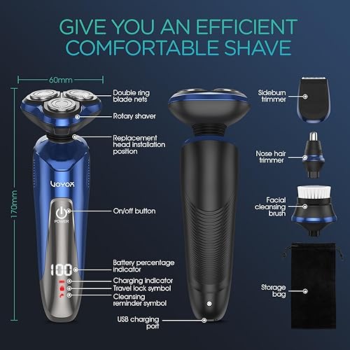 Miniatura 7 de VOYOR Maquinilla de afeitar eléctrica para hombres, afeitadoras inalámbricas para afeitarse con patillas faciales, nariz, oído, pelo, recargable,