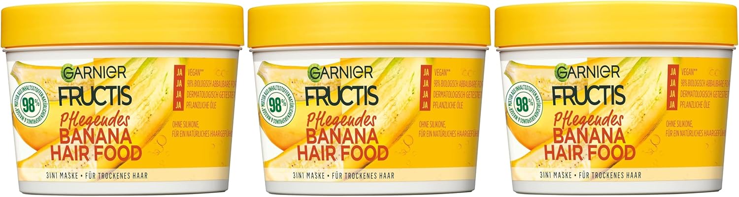 Garnier Fructis Hairfood Banana 3-in-1 verzorgend vochtinbrengend haarmasker voor droog haar, verzorgt en geeft het haar meer soepelheid, 3 x 390 ml
