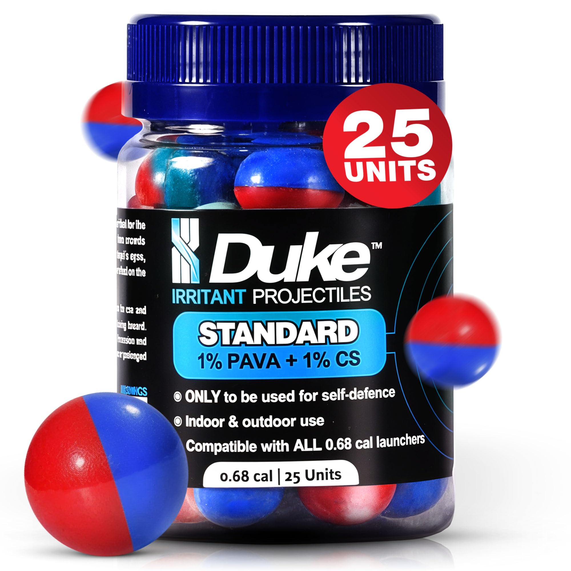 Duke Standard Irritant, 68 Caliber Projectile, Non Lethal Pepper Balls | 1% PAVA (Nonivamide), 1% CS (Tear Gas), Self Defense Weapon, Asset Protection, .68 Cal Pepper Ball Projectiles, Weight: 3.3g