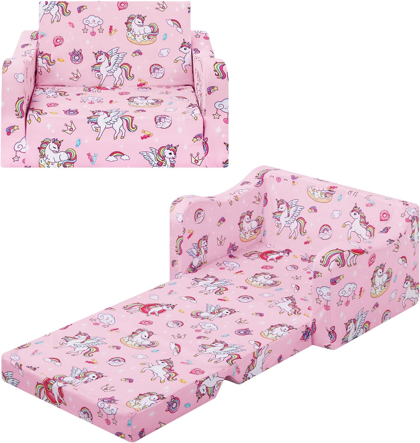 Comfy Kids Couch, 2-in-1 Folding Kids Sofa Bed for Toddler Girls, Convertible Sofa to Lounger Toddler Couch Chair for Baby Bedroom Playroom Nursery,Unicorns Candies