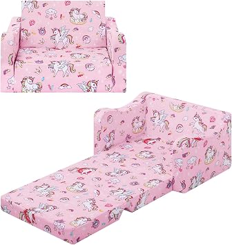 Comfy Kids Couch, 2-in-1 Folding Kids Sofa Bed for Girls, Convertible Sofa to Lounger Children Couch Chair for Children Bedroom Playroom Nursery, Unicorn Rainbow