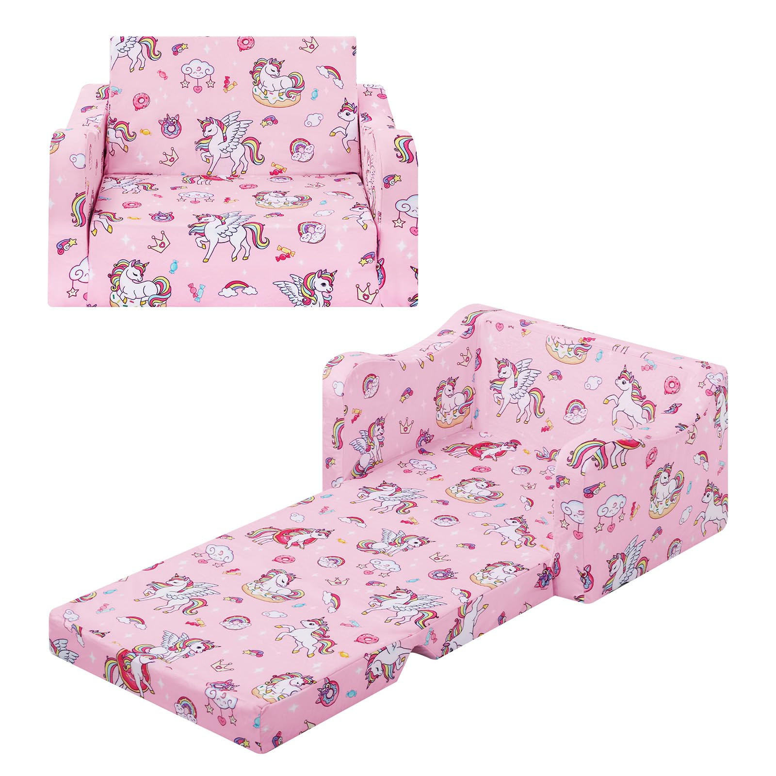 alldomess Comfy Kids Sofa Bed, 2-In-1 Foldable Children Chair Bed For Girls Boys, Convertible Sofa To Lounger Single Sofa Bed Chair For Kids Bedroom Playroom,Unicorns Candies