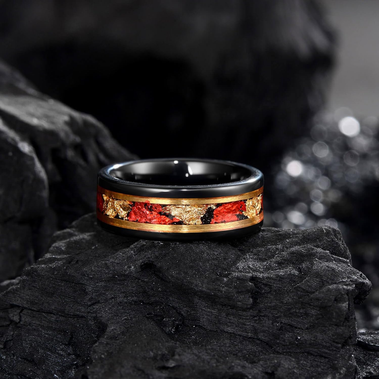 8mm Men's Tungsten Ring Engagement Wedding Ring, Red and Gold Inlay, Black Shiny, Size 7-14, Comes with Gift Box - Image 4