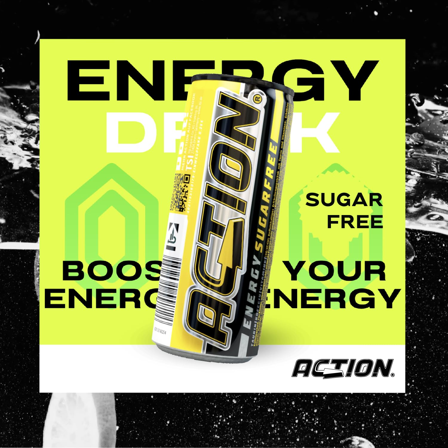 Action Energy Drink Sugarfree (48 x 250 ml) incluye depósito – Refresco con sabor 100% – patata energética con mayor contenido de cafeína 31,5 mg/100 ml de cafeína – sin azúcar – enfoque mejorado