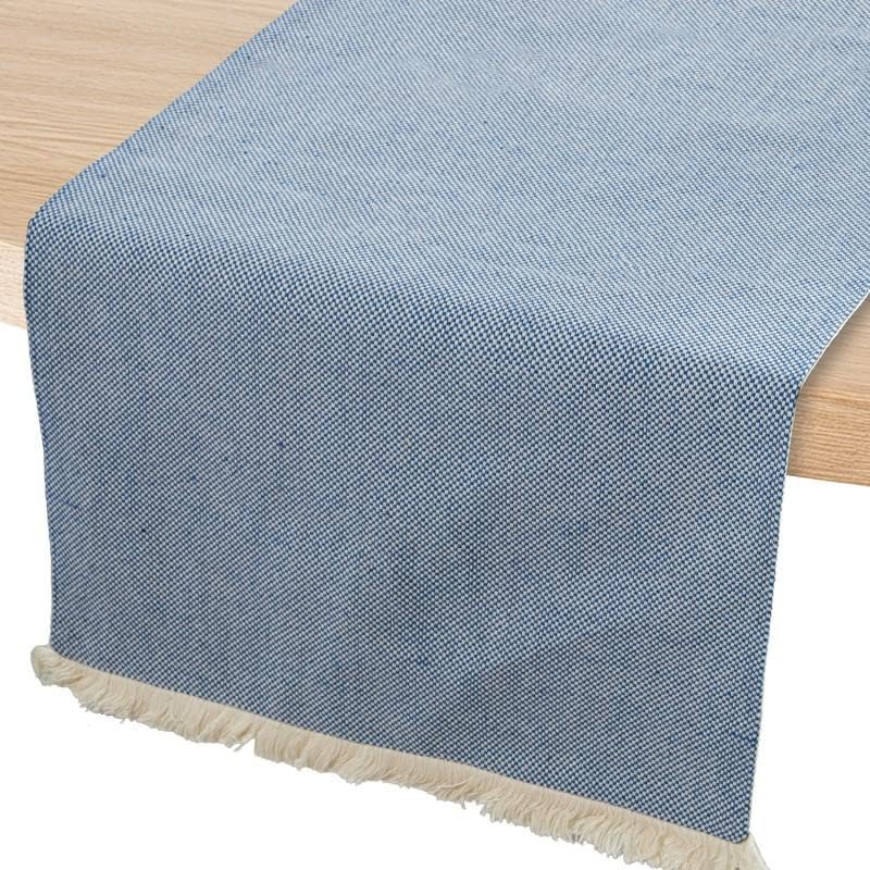 DRW Chemin de Table en Polyester et Coton avec Franges en Bleu Ciel, 0,5 x 160 x 45 cm