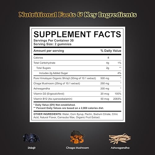 Miniatura 3 de Gomitas Shilajit & Ashwagandha, resina Shilajit y suplemento de apoyo inmunológico gomoso para hombres y mujeres, trabajo, vida, equilibrio,