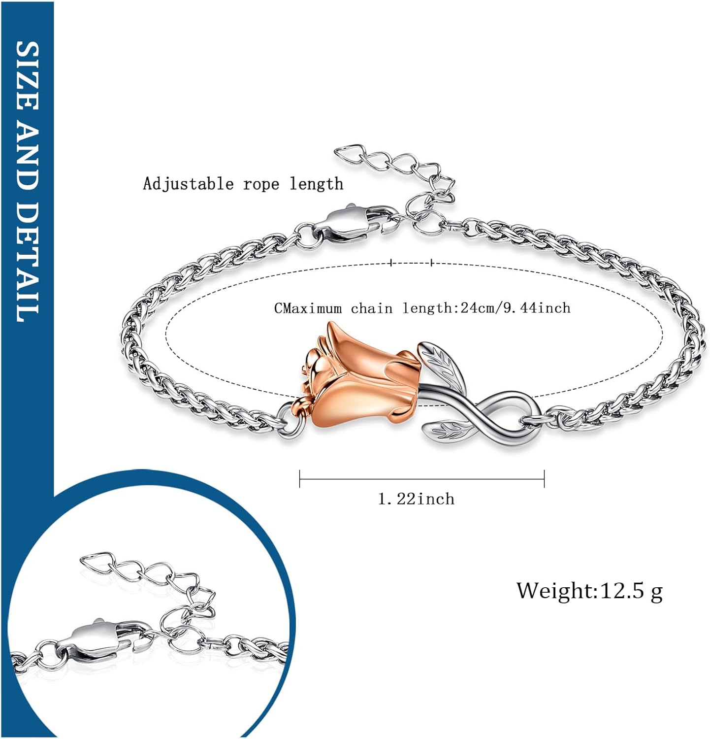constantlife Rose Flower Urn Bracelet for Ashes for Women Stainless Steel Cremation Keepsake Adjustable Link Bangle Memorial Jewelry - Image 2
