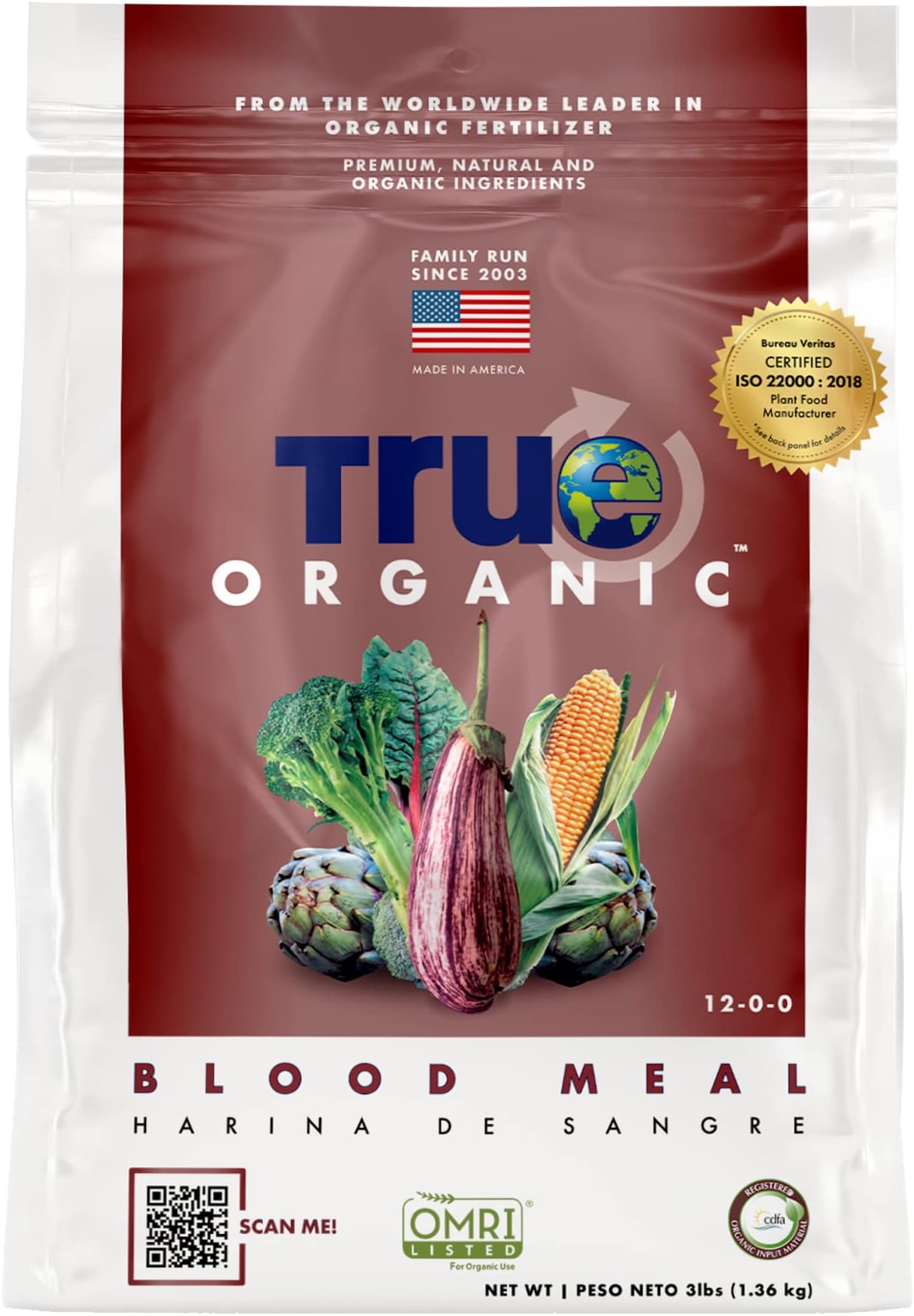 True Organic Blood Meal – High-Nitrogen Organic Fertilizer for Rapid Vegetative Growth – 3lb Bag Covers 104 Sq. Ft.