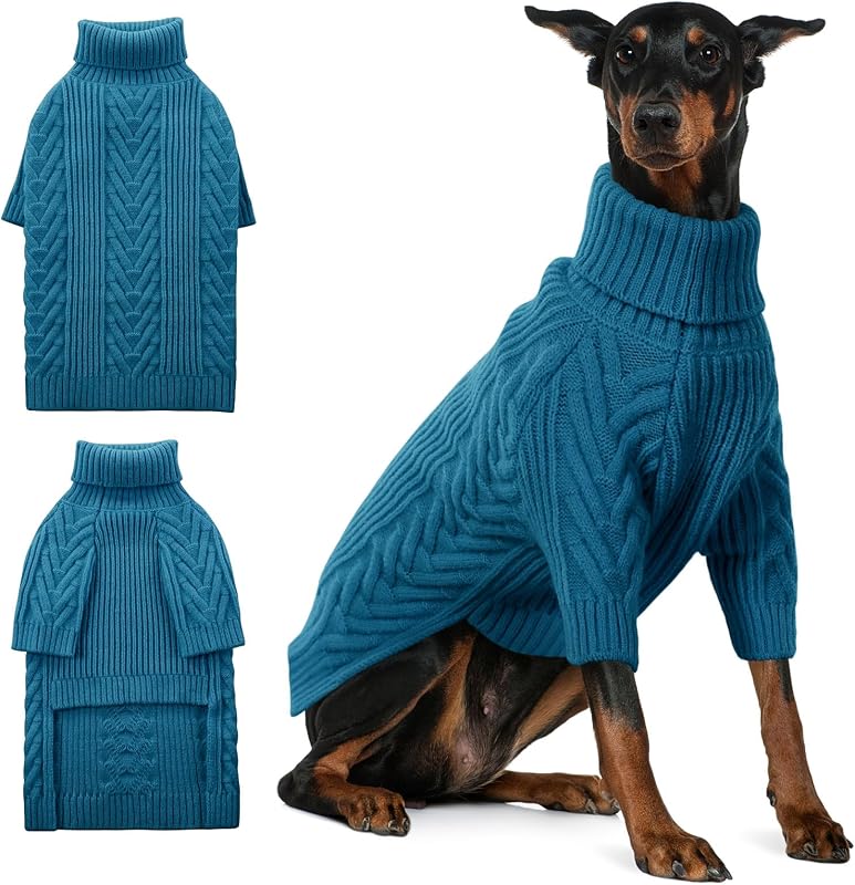 Suéter para Cães Grandes em Veludo Ártico com Gola Alta ASENKU Teal Blue 3XL