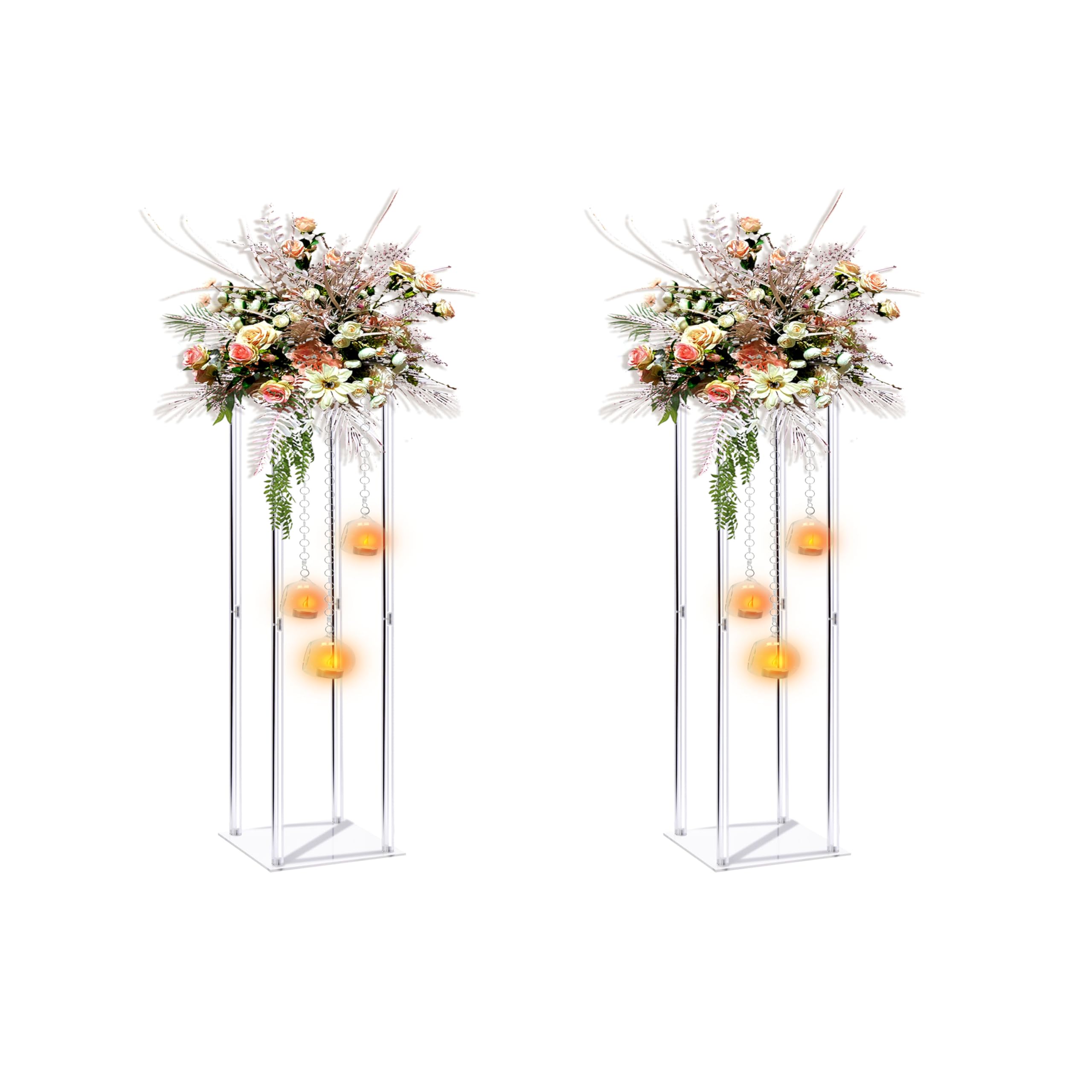 Clear Acrylic Vases Flower Stand Wedding Centerpieces with Hanging Glass Tealight Globe Candle Holders for Event Party Table Decoration Display Rack Column (2, 24 inch)
