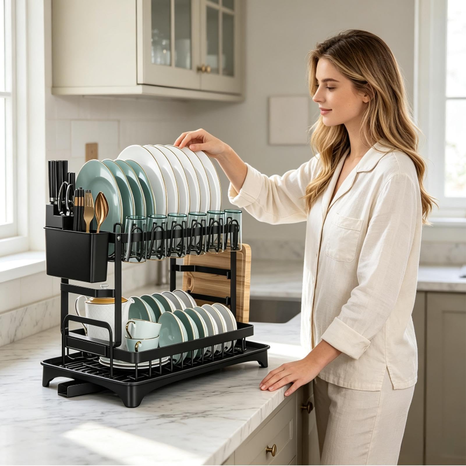 Scolapiatti Per Piano Cucina 2 Ripiani Grande Organizer In Acciaio Al | Scolapiatti Per Cucina Spugne Scolatoio Pulizia Organizzazione Scarico Rubinetto Utensili Doccia Casa