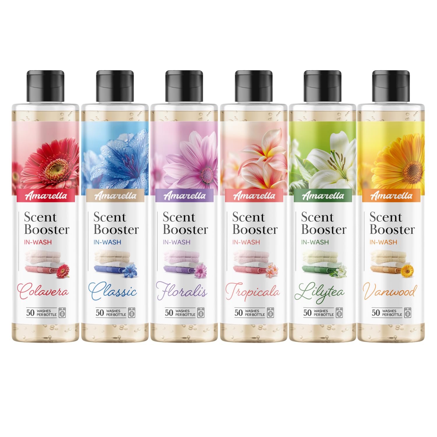 AMARELLA Wäscheparfum Set 6×250 ml - Duftmix Classic Colavera Vanwood Tropicala Floralis Lily Tea - Konzentrat für Textilien, intensiver Wäscheduft, Gesamt 1,5 L (ca. 300 Wäschen)