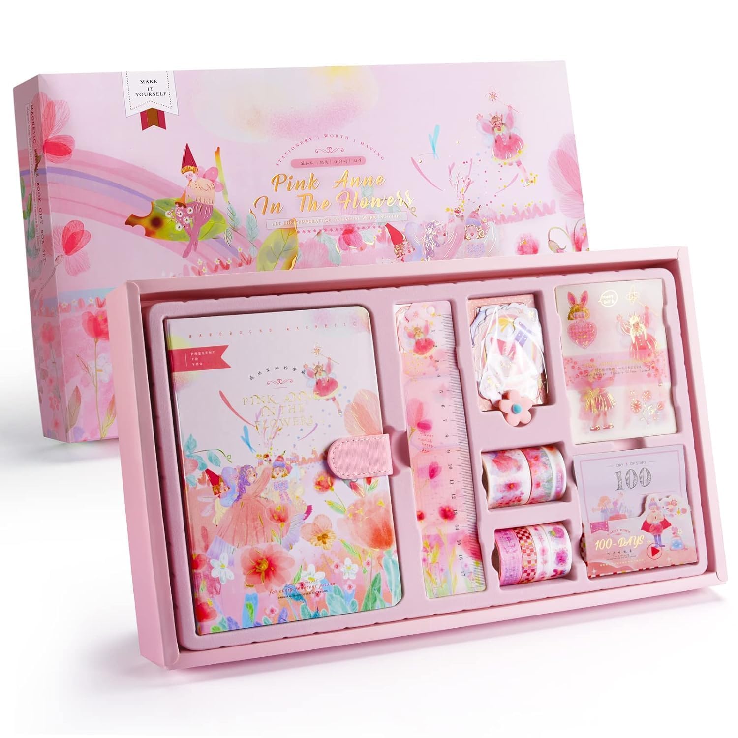 VIBEVISTA Vintage Aesthetic Scrapbook Kit, 346 Pcs, A6 Grid Notebook, Washi , Envelopes, Scrapbook Papers, Folding Labels, Background Papers, Photo Frames, Calendar Stickers, Stickers (Pink Annie in The Flowers)
