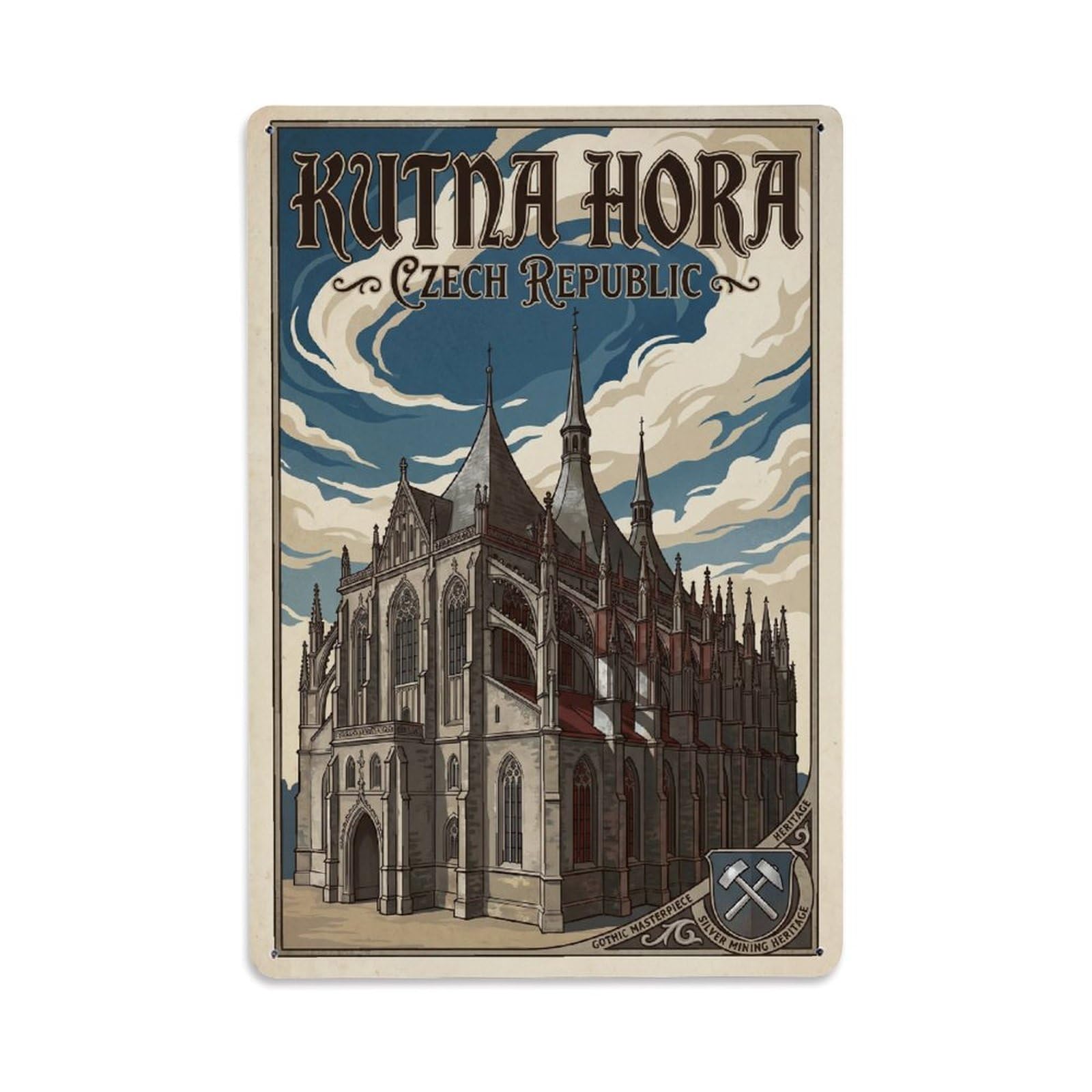 Travel Czech Republic Kutna Hora Metal Tin Sign Plaque Wall Decor for Cafe, Club Bar, Office, Garden Metal Poster 8x12Inch
