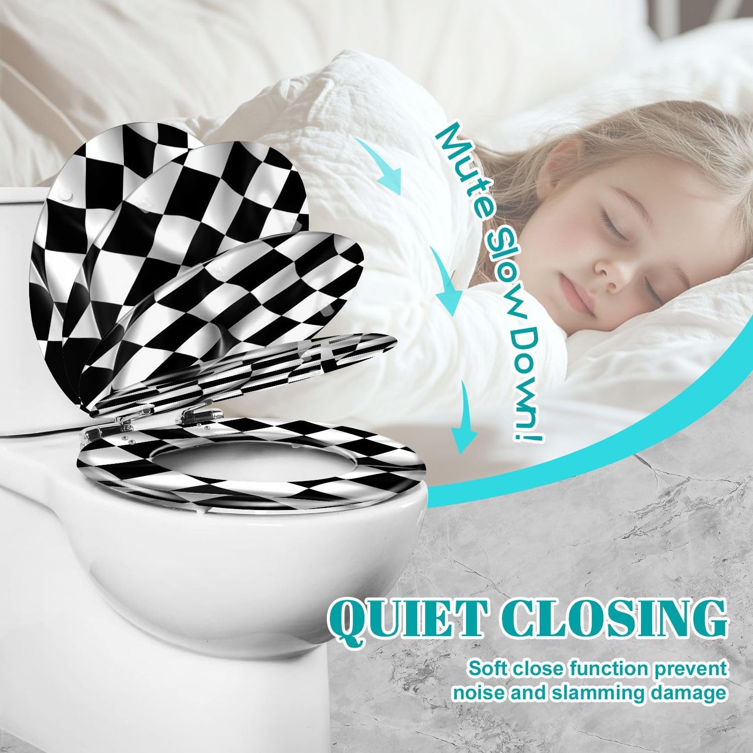 Round Resin Slow Quiet Close Toilet Seat with Checkered Race Flag Print Quick-Release Hinges Bumpers Easy to Clean Install