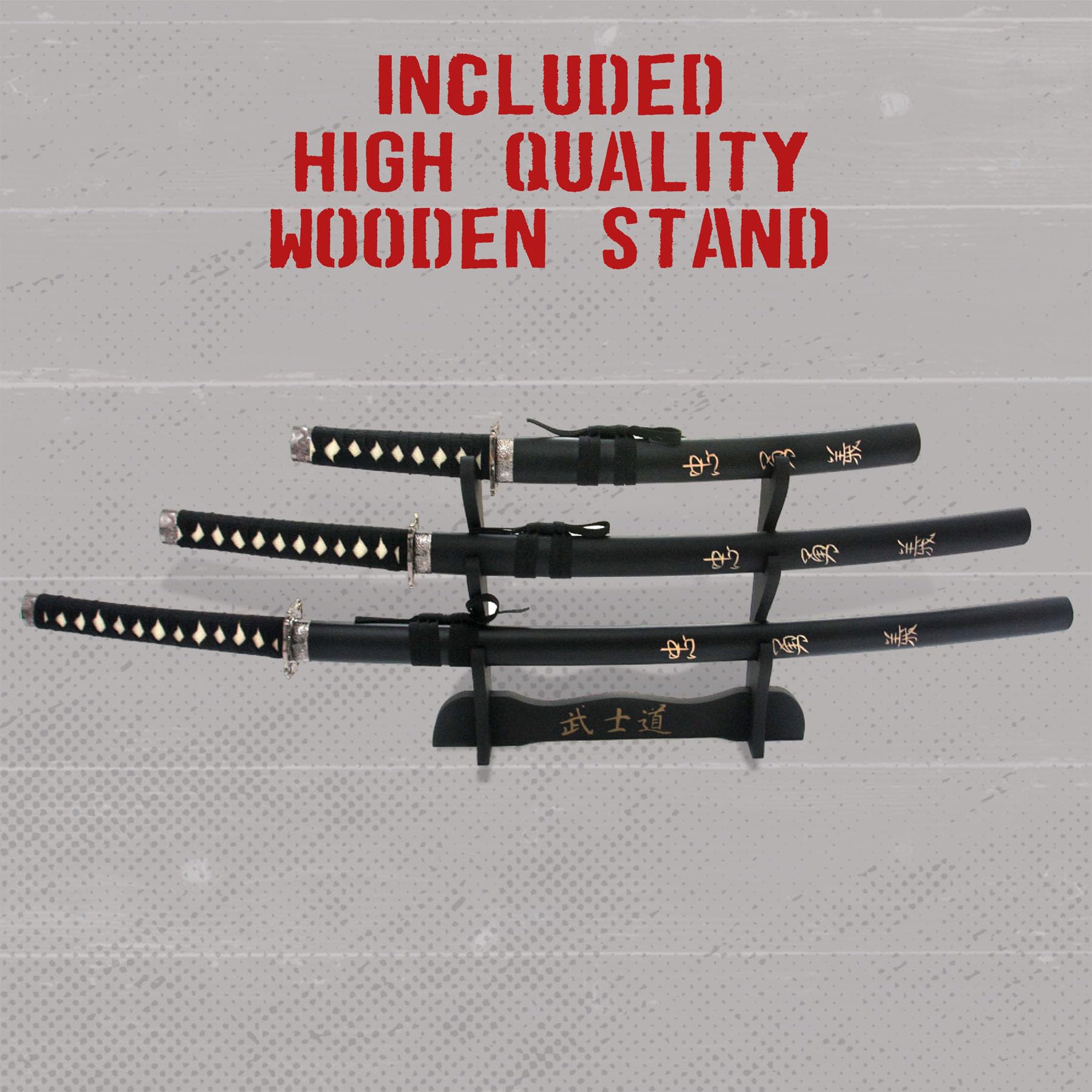 Swords and more Samurai Schwert Set, Samurai 3er Set Samurai Schwerter, Edelstahl, Schwert Metall, Katana Set mit Katana, Wakizashi & Tanto – Katana Schwert, inklusive Schwertständer, als Samurai Deko