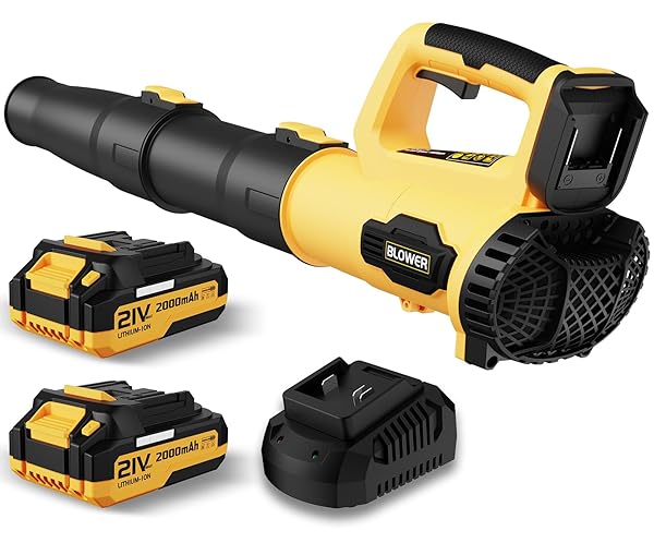 LEAPUL Leaf Blower, 21V Electric Cordless Leaf Blower, 2 X 2.0Ah Batteries and Charger Included, Lightweight Leaf Blower for Patio Cleaning, Lawn Care, Blowing Leaves and Dust, etc. LP69, Yellow