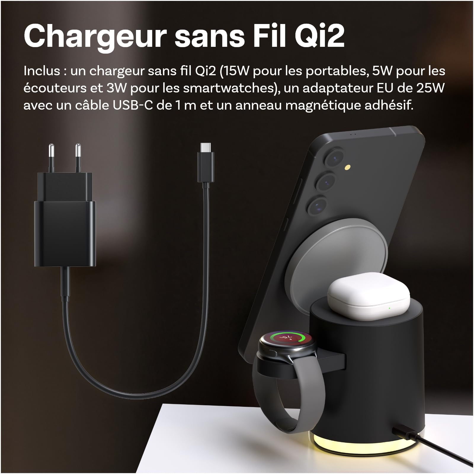 Station de Charge sans Fil pour Samsung par MMOBIEL – Chargeur sans Fil 4 en 1 Certifié Qi2 – Chargeur Induction pour Samsung Galaxy S25/S24/S23/S22 Series, Watch 7/6/5, Buds – Incl. 25W Adapter, Noir