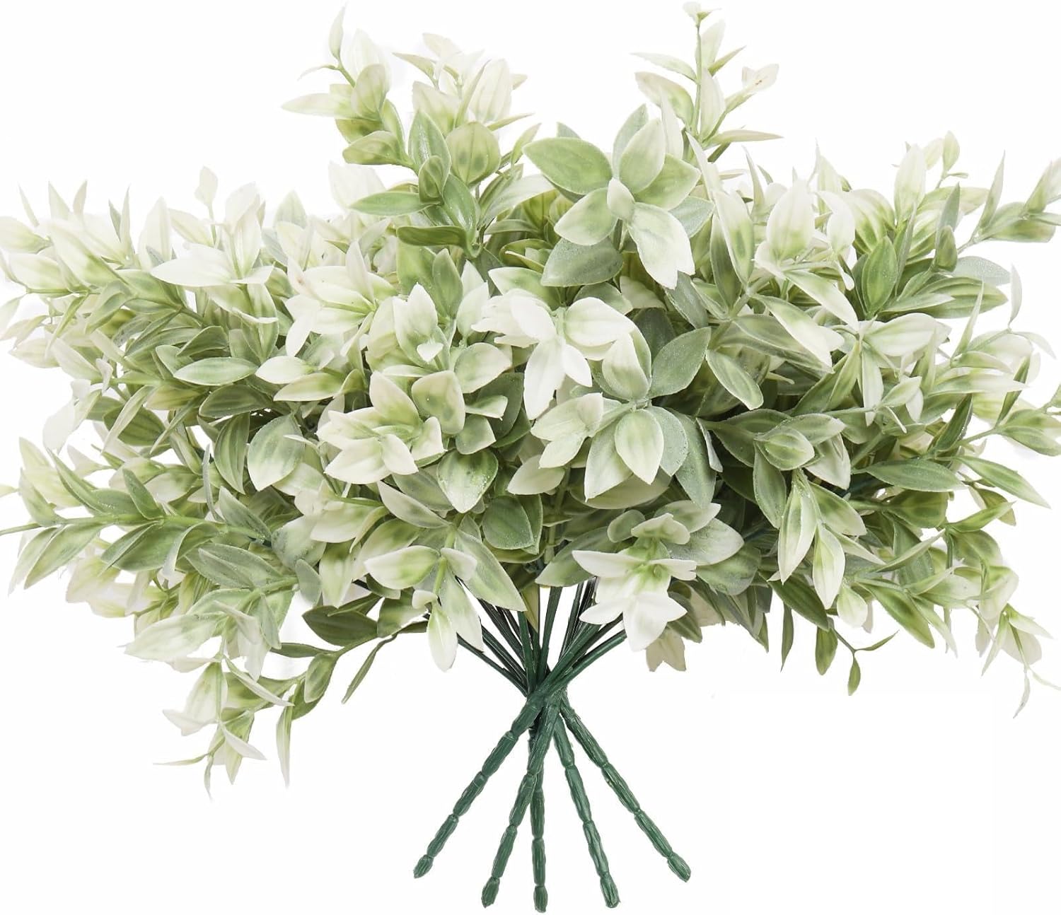 6 Bundles Artificial Greenery Stems, 14.5" Fake Lucky Bamboo Leaves Faux Outdoor Plants UV Resistant Plastic Shrubs for Window Box Garden Patio Farmhouse Pathway Indoor Decorations (White, 6 Bundles)