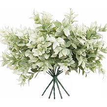 6 Bundles Artificial Greenery Stems, 14.5" Fake Lucky Bamboo Leaves Faux Outdoor Plants UV Resistant Plastic Shrubs for Outside Home Garden Wedding Patio Porch Farmhouse Pathway Indoor Decorations