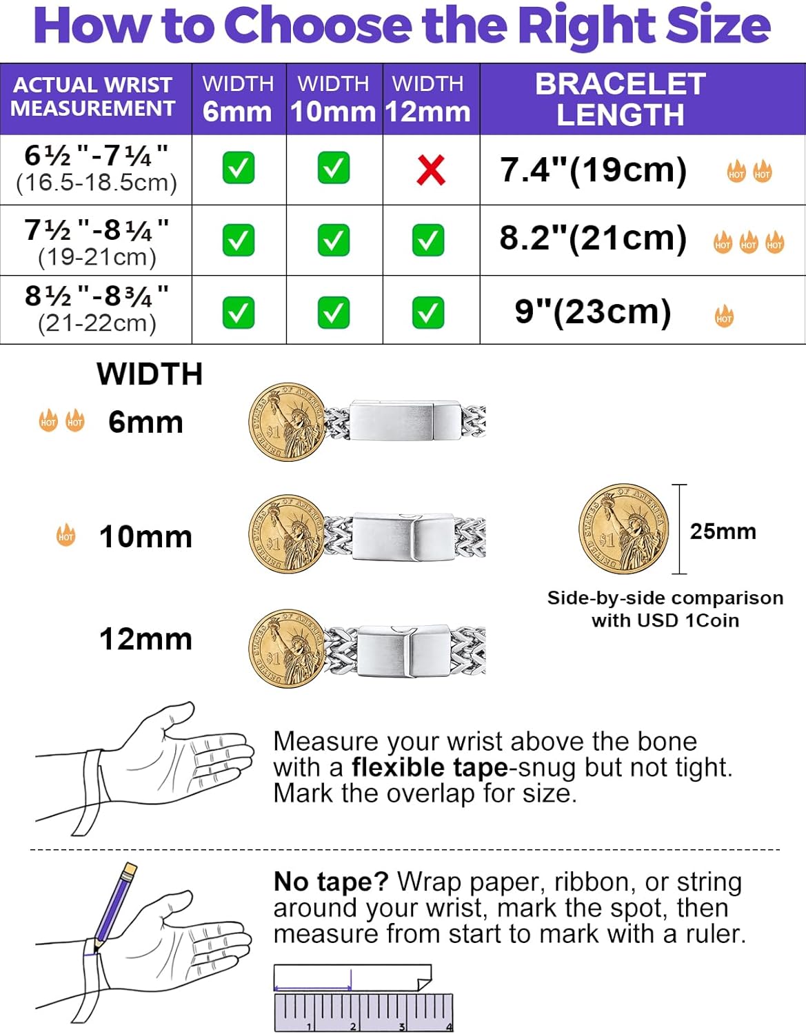Richsteel Bracelets for Men 6mm/10mm/12mm Width Stainless Steel With Sturdy Clasp Franco Curb Chain Mens Bracelet 7.4/8.2/9 Inches Length - Image 6