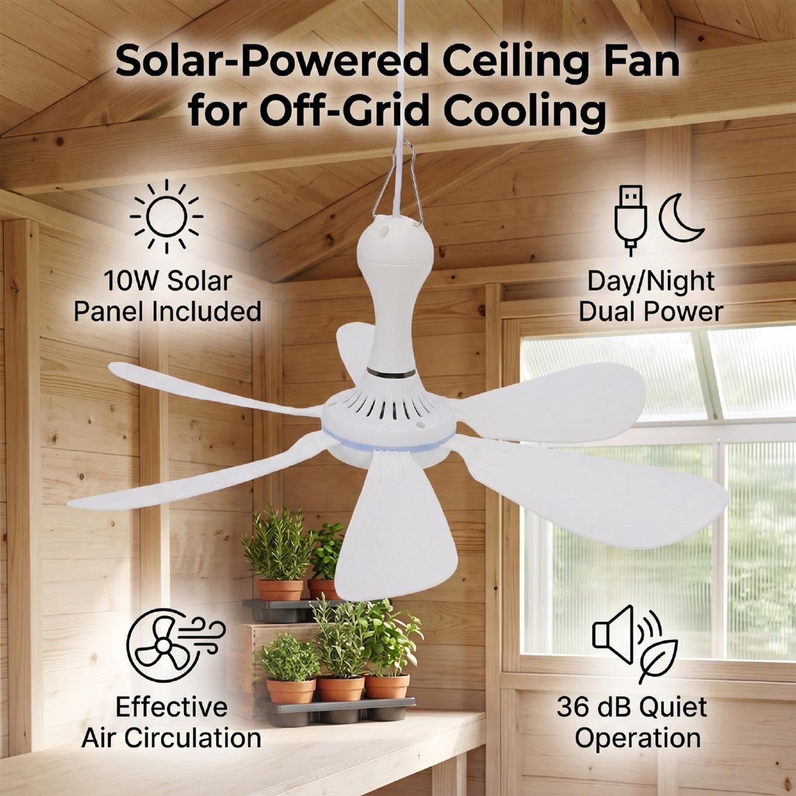 Ventilador de Techo con Energía Solar Panel Monocristalino Inteligente 10 W