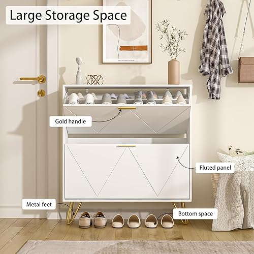 Miniatura 6 de LYNSOM Zapatero con 2 cajones abatibles, armario de zapatos para entrada, armario de almacenamiento de zapatos blanco, zapatero independiente de
