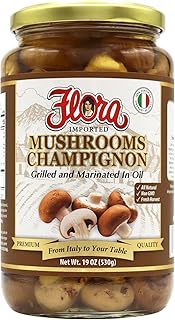 Flora Imported Mushrooms Champignon, Grilled and Marinated in Oil, Authentic Italian Flavor, Premium Marinated Mushrooms, 19 oz Jar