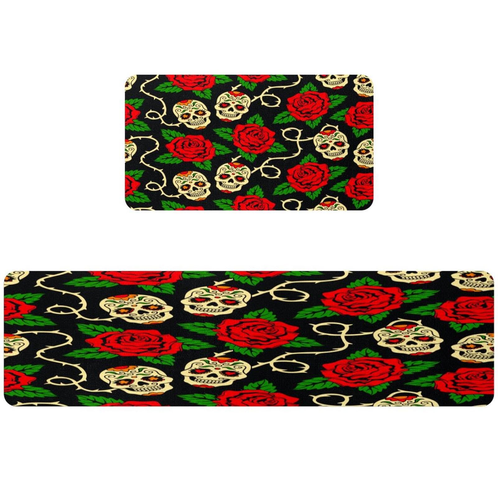 Alfombrillas de cocina absorbentes con rosas rojas y calaveras, juego de 2 tapetes lavables