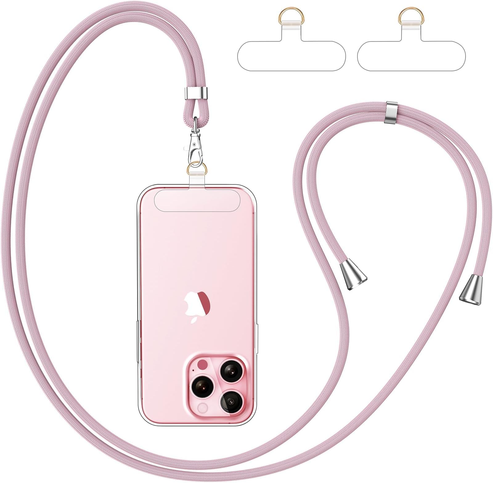 caslord Mobile Phone Lanyard*1, Transparent Universal Patch*2, Suitable for All Smartphones, Mobile Phone Strap Can Be Combined with Any Case, Adjustable and Removable- Rose Gold + Transparent
