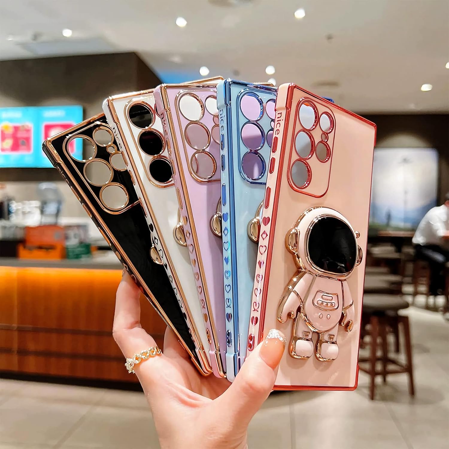 Phone Case for Samsung Galaxy S24 Ultra 6.8 Luxury Plating Astronaut Stand Holder Phone Case with Cute Love Heart Side Small Pattern Soft Silicone Shockproof Kickstand Cover Bumper (Pink)