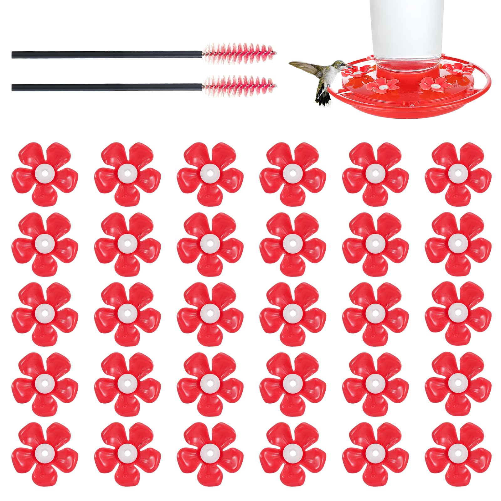 Zelpont Hummingbird Feeder Replacement Flowers 30 Pack, Bee-Proof Red Plastic Blossoms for Plastic Feeders, Fits 0.24"-0.28" Ports with 2 Cleaning