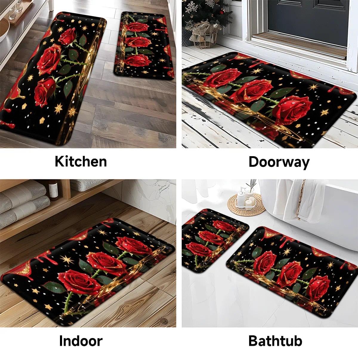 Valentine's Day Red Rose Kitchen Rugs，Thickened Flannel Material Soft,Comfortable, Easy to Clean for Bathroom/Kitchen/Sink/Laundry Valentine Decor Anti-Fatigue Sponge Floor Mat-2pcs
