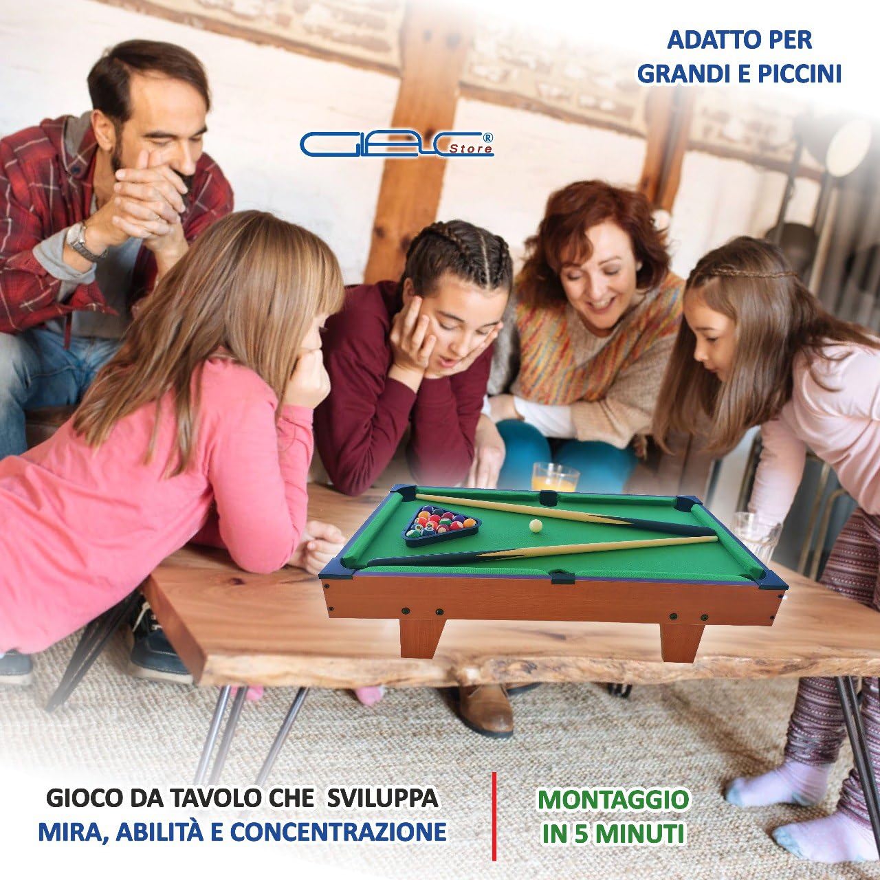Mini tavolo da biliardo mobile - Copertura in feltro verde - 2 stecche 16 palle triangolo e gesso - Colore legno chiaro - Ideale per bambini e adulti 69x36x17 cm
