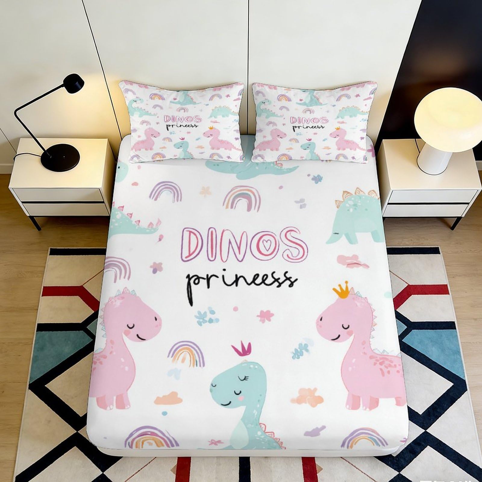 3D Printed Cute Dinosaur Fitted Sheet Microfiber Pastel Rainbow Mattress Cover Non Slip Machine Washable for Bedroom Dorm Decor 90x200x25cm